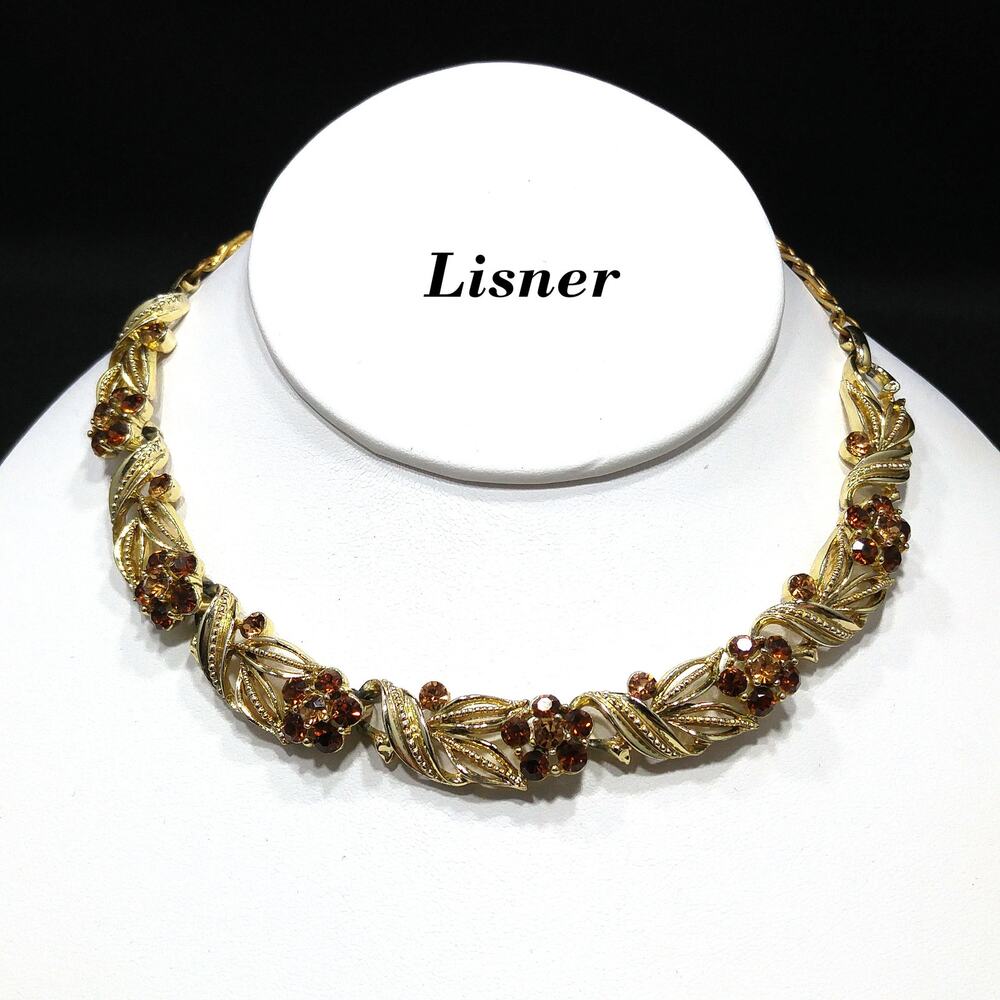 Lisner Topaz Rhinestone Floral Choker Necklace, Gold Plated, 1950s Vintage